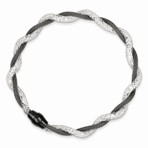 Sterling Silver Rhodium Plated Mesh & Crystal Magnetic Clasp Bracelet