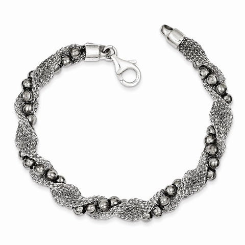Sterling Silver and Ruthenium-Plated Bead and Mesh Fancy Bracelet
