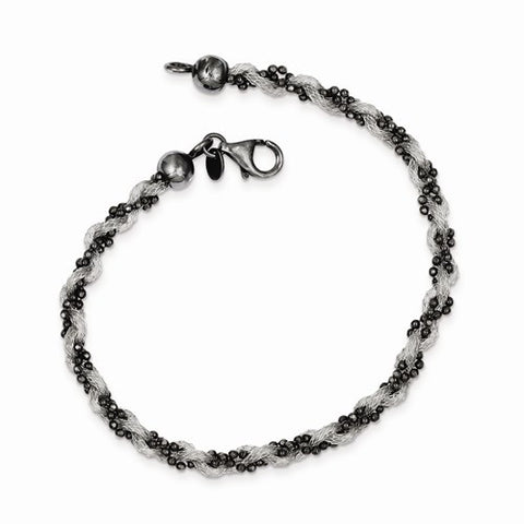 Sterling Silver Black Rhodium Plated Mesh and Beaded Bracelet