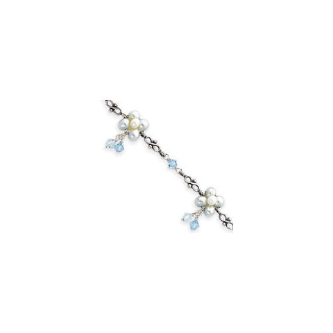 Sterling Silver Blue Fw Cultured Pearl & Crystal Cluster Bracelet
