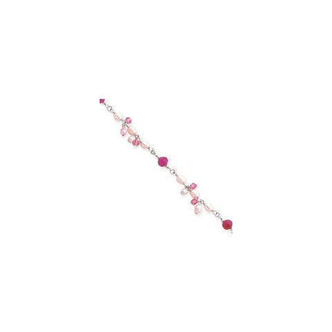 Sterling Silver Strawberry Quartz Pink Cultured Pearl Crystal Bracelet