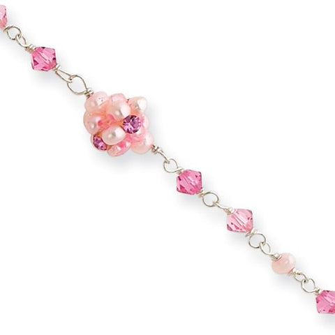 Sterling Silver Pink Cultured Pearl Crystal Cz Clump Bracelet