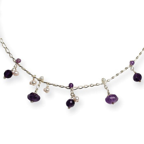 Sterling Silver Amethyst, Cultured Pearl Dangle Necklace