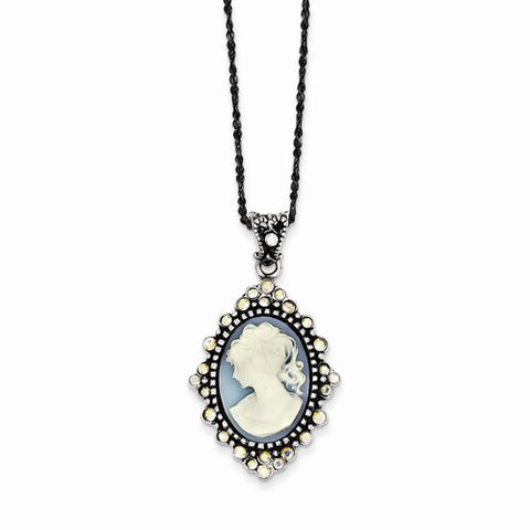 Sterling Silver Blue Crystal Cameo Pendant on Chain