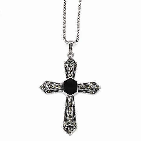 Sterling Silver Popcorn Chain with Marcasite Onyx Cross Pendant Chain