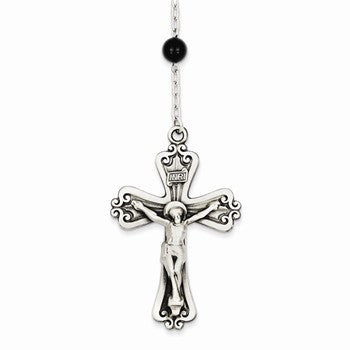 Sterling Silver Antiqued Onyx Rosary Necklace