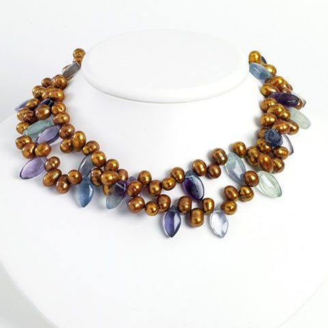 Sterling Silver Freshwater Champagne Cultured Pearl & Flourite Necklace