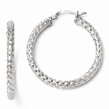 Sterling Silver Polished Textured Hinged Hoop Earrings