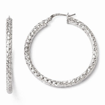 Sterling Silver Polished Textured Hinged Hoop Earrings