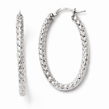 Sterling Silver Polished Textured Oval Hinged Hoop Earrings