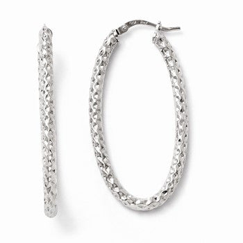 Sterling Silver Polished Textured Oval Hinged Hoop Earrings