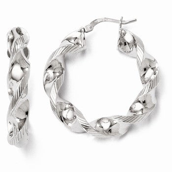 Sterling Silver Polished & Textured Twisted Hinged Hoop Earrings