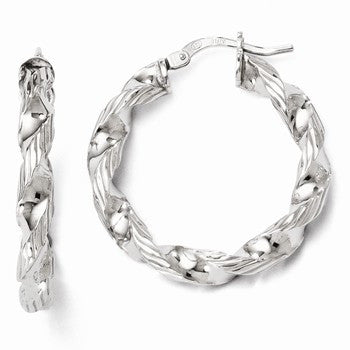 Sterling Silver Polished & Textured Twisted Hinged Hoop Earrings
