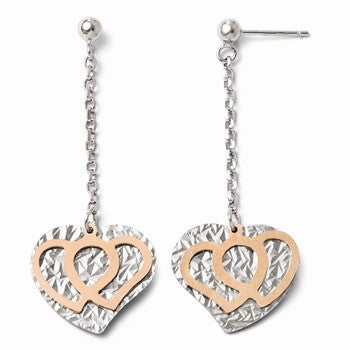 Sterling Silver Rose-tone Flash Plated Heart Dangle Earrings