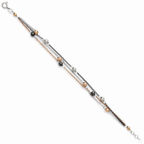 Sterling Silver Ruthenium & Rose Gold Plated Diamond-Cut Bracelet
