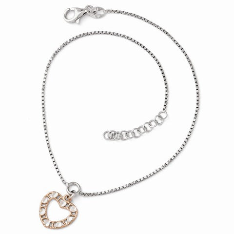 Sterling Silver Rose Gold Plated Diamond-Cut Heart Anklet
