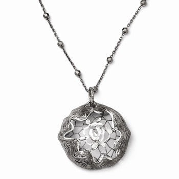 Sterling Silver Ruthenium Diamond-Cut and Beaded Necklace