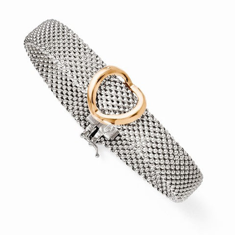 Sterling Silver Rose Gold Plated Polished Heart Mesh Bracelet