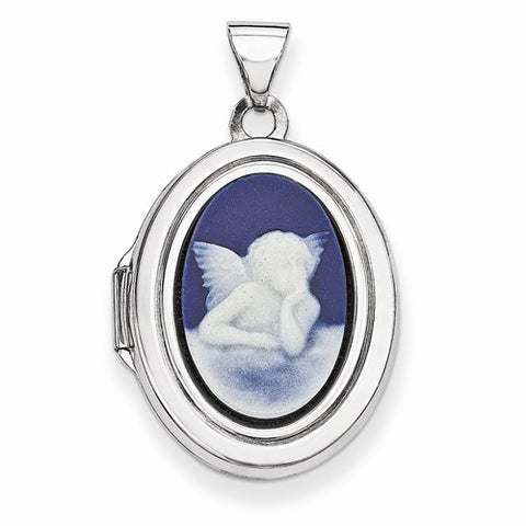 Sterling Silver Angel Agate Cameo 20mm 2-Frame Oval Locket