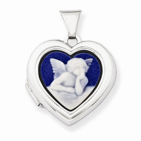 Sterling Silver Angel Agate Cameo 18mm 2-Frame Heart Locket