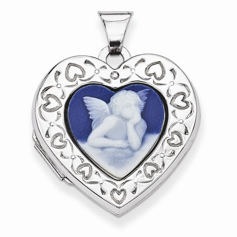 Sterling Silver Angel Agate Cameo 21mm 2-Frame Heart Locket