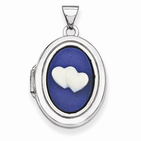 Sterling Silver Double Heart Agate Cameo 21mm Oval Locket