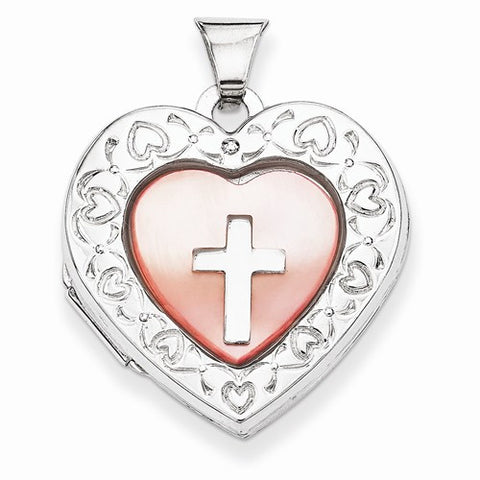 Sterling Silver Pink Mother of Pearl with Cross 21mm Heart Locket
