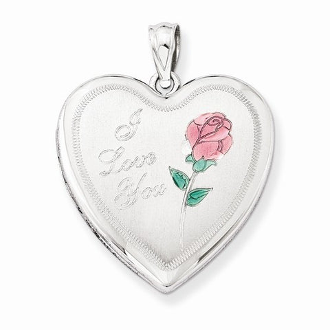 Sterling Silver 24mm Enameled Rose Heart Locket