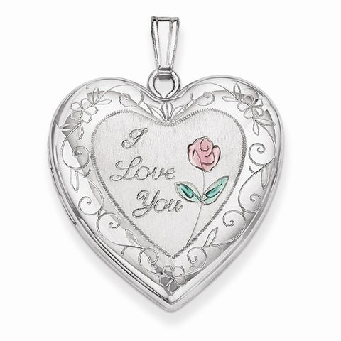 Sterling Silver 24mm Enameled Rose with Border Heart Locket
