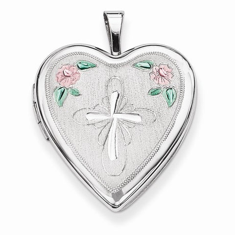 Sterling Silver 20mm Enameled Flower and Cross Heart Locket