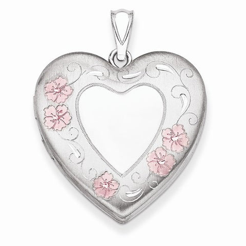 Sterling Silver 24mm Enameled Floral Border Heart Locket