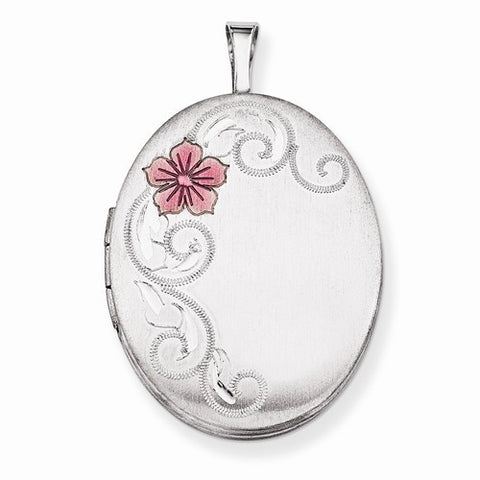 Sterling Silver 26mm Enameled Flower and Scroll Oval Locket