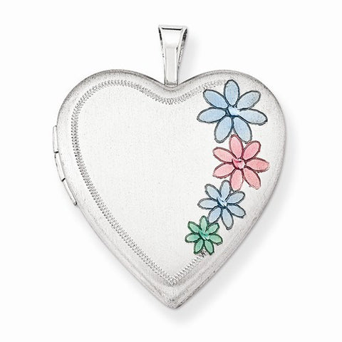 Sterling Silver 20mm Enameled Floral Heart Locket