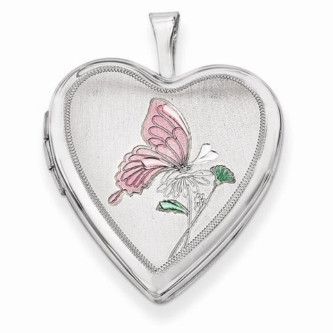 Sterling Silver 20mm Enameled Butterfly Heart Locket