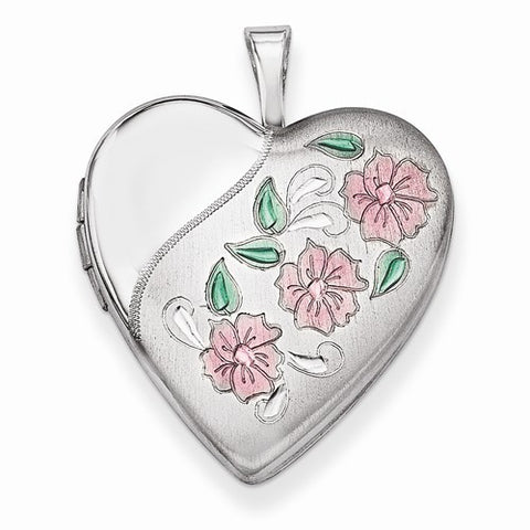 Sterling Silver 20mm Enameled Flowers Heart Locket