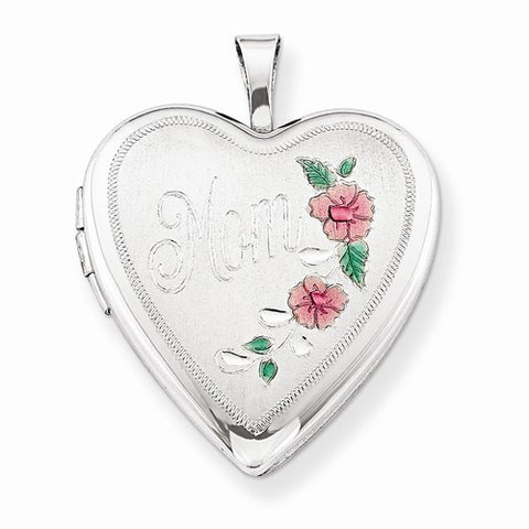 Sterling Silver 20mm Enameled Floral Mom Heart Locket