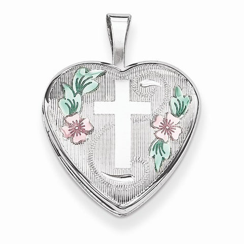 Sterling Silver 16mm D/C & Enameled Cross & Flowers Heart Locket