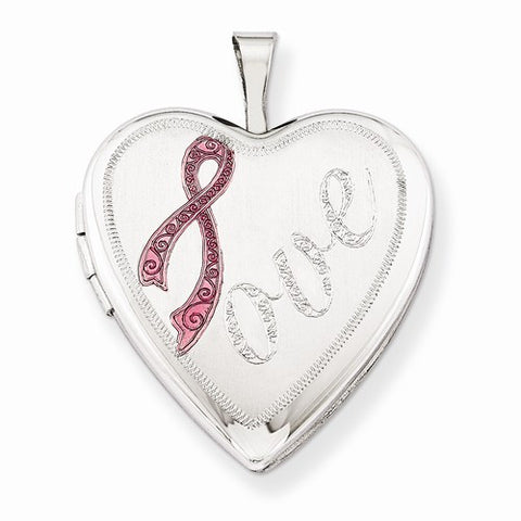 Sterling Silver 20mm Satin Pink Ribbon Love Heart Locket