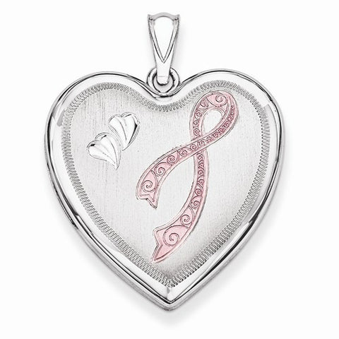 Sterling Silver 24mm Enameled, D/C Pink Ribbon Heart Locket