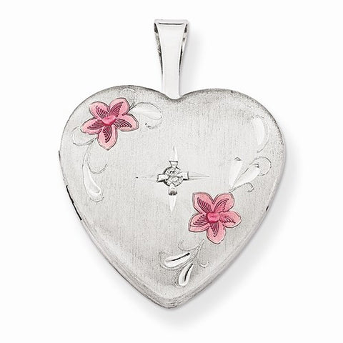 Sterling Silver & Diamond 16mm Satin, Enameled, D/C Heart Locket