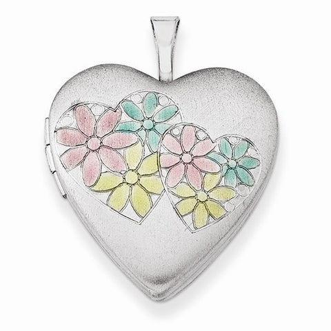 Sterling Silver 20mm Satin & Enameled Hearts & Flower Heart Locket