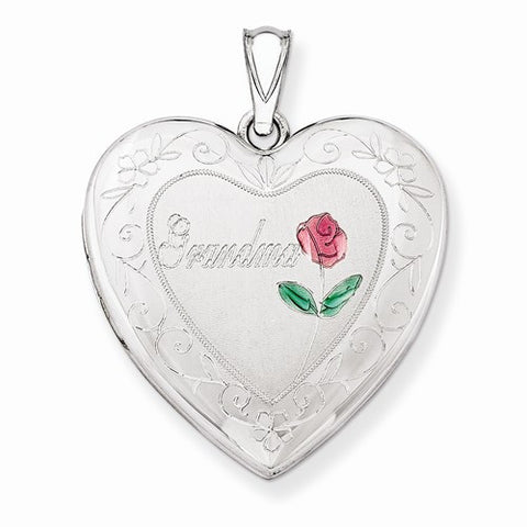 Sterling Silver 24mm Enameled & D/C Grandma Heart Locket