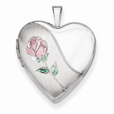 Sterling Silver 20mm Satin, Enameled, D/C Floral Heart Locket