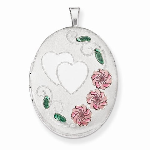 Sterling Silver 26mm Enameled, D/C Floral & Heart Oval Locket