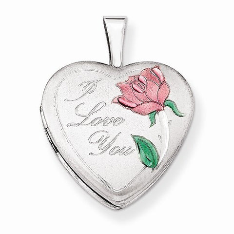 Sterling Silver 16mm Satin, Enameled, D/C I Love You Heart Locket