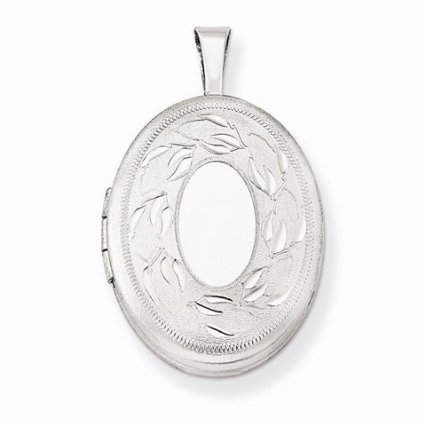 Sterling Silver 19mm Polished and Brushed Leaves Oval Locket