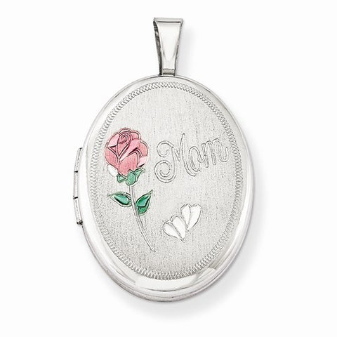 Sterling Silver Mom W/Enamel Flower 19mm Oval Locket
