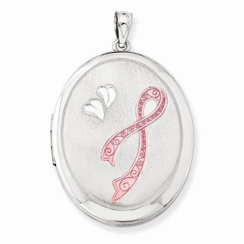 Sterling Silver W/ Enamel Pink Ribbon 34mm Oval Locket
