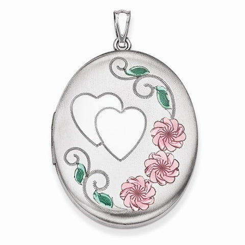 Sterling Silver Heart W/ Enamel Flowers 34mm Oval Locket