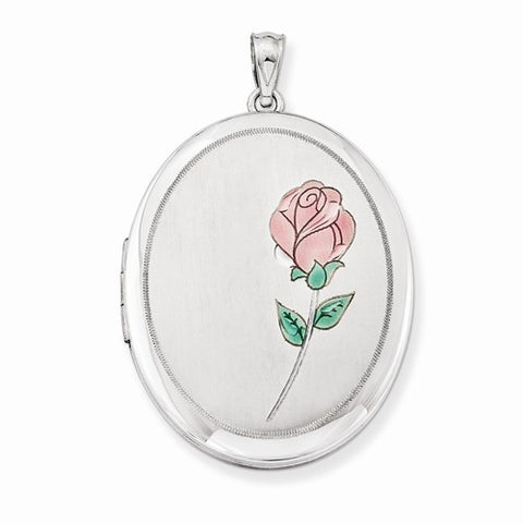 Sterling Silver W/ Enamel Rose 34mm Oval Locket